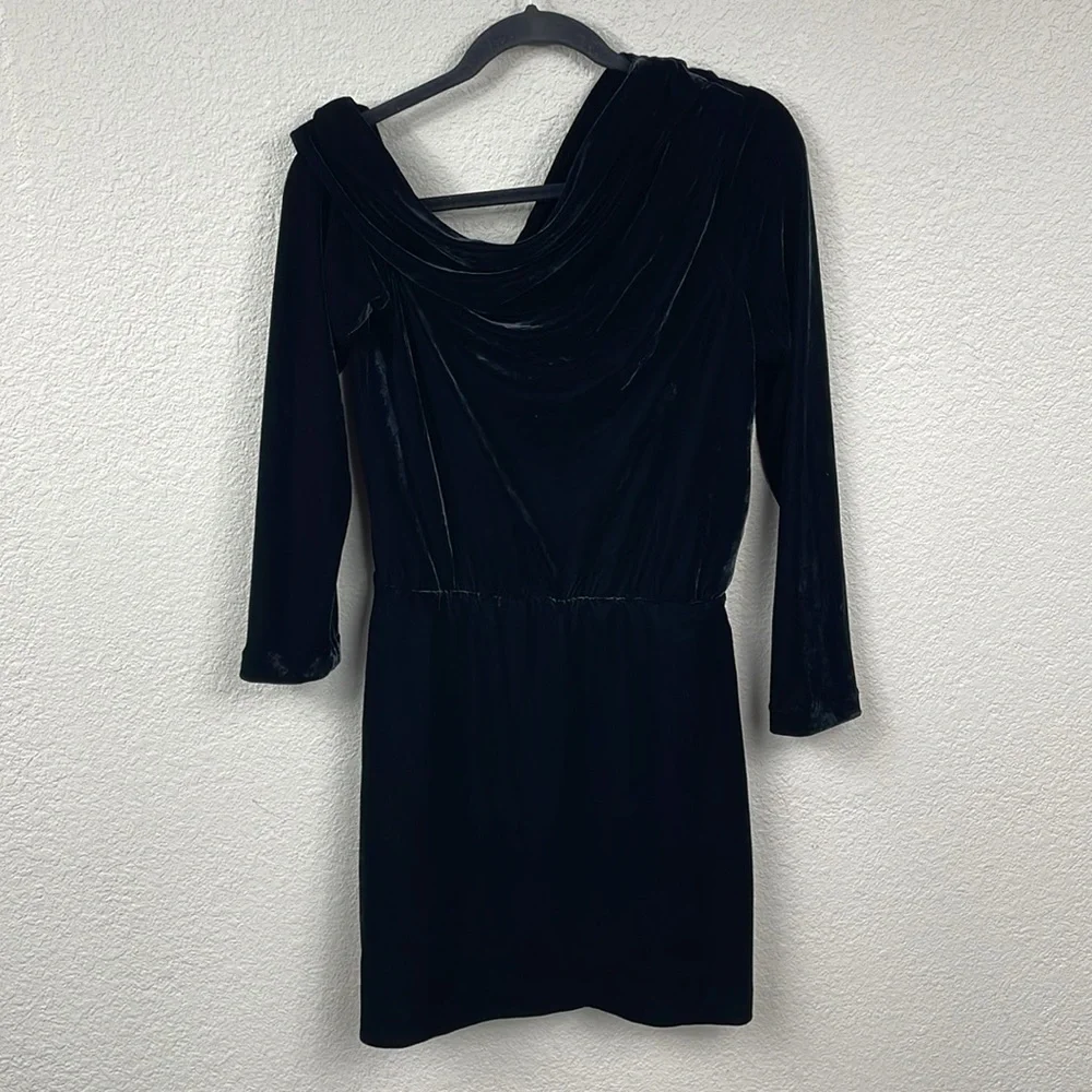 New Theory Asymmetrical Mini Dress in Stretch Velvet Black Off Shoulder Drape 8